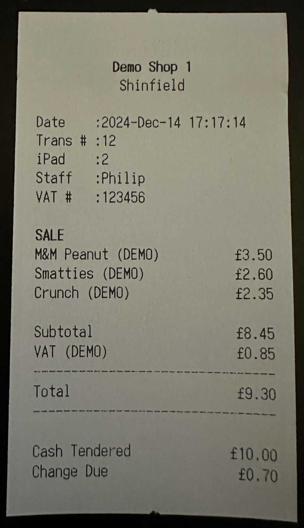 Thermal Receipt printed from a Star mPOP printer.