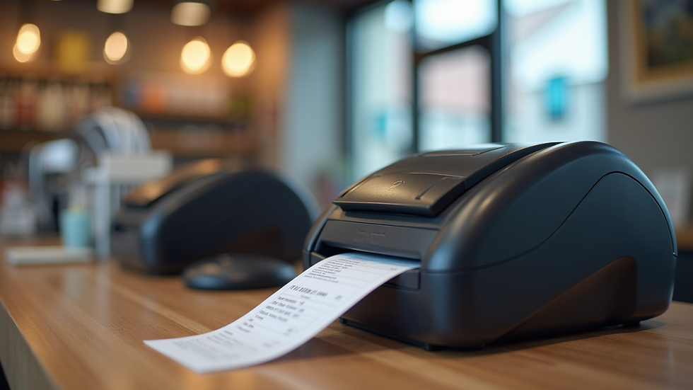 Close-up view of POS hardware including scanner and receipt printer on a retail counter