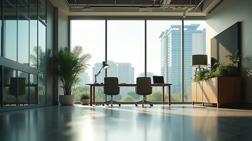 Eye-level view of a modern office space with a large window and greenery