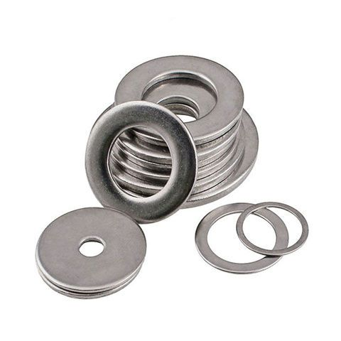 Stainless steel flat washers: center tower stack, left single, right double pair