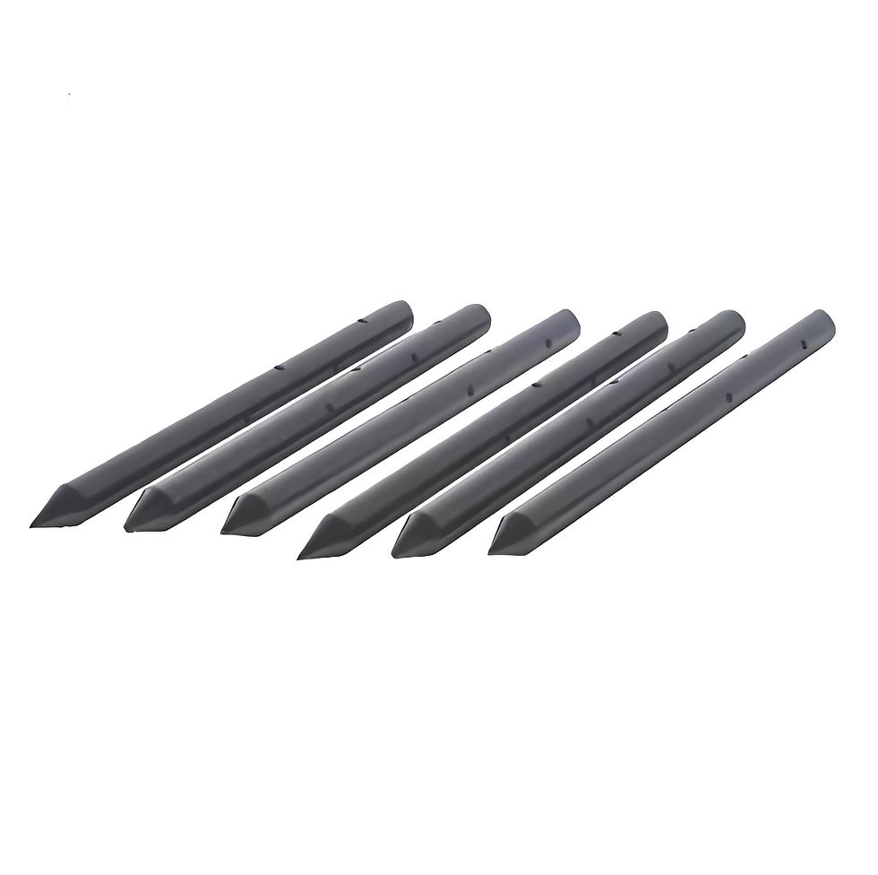 6 black steel stakes arranged in parallel | Conical tip + smooth shaft | Equidistant hole design | Tent/fence fixing stakes |