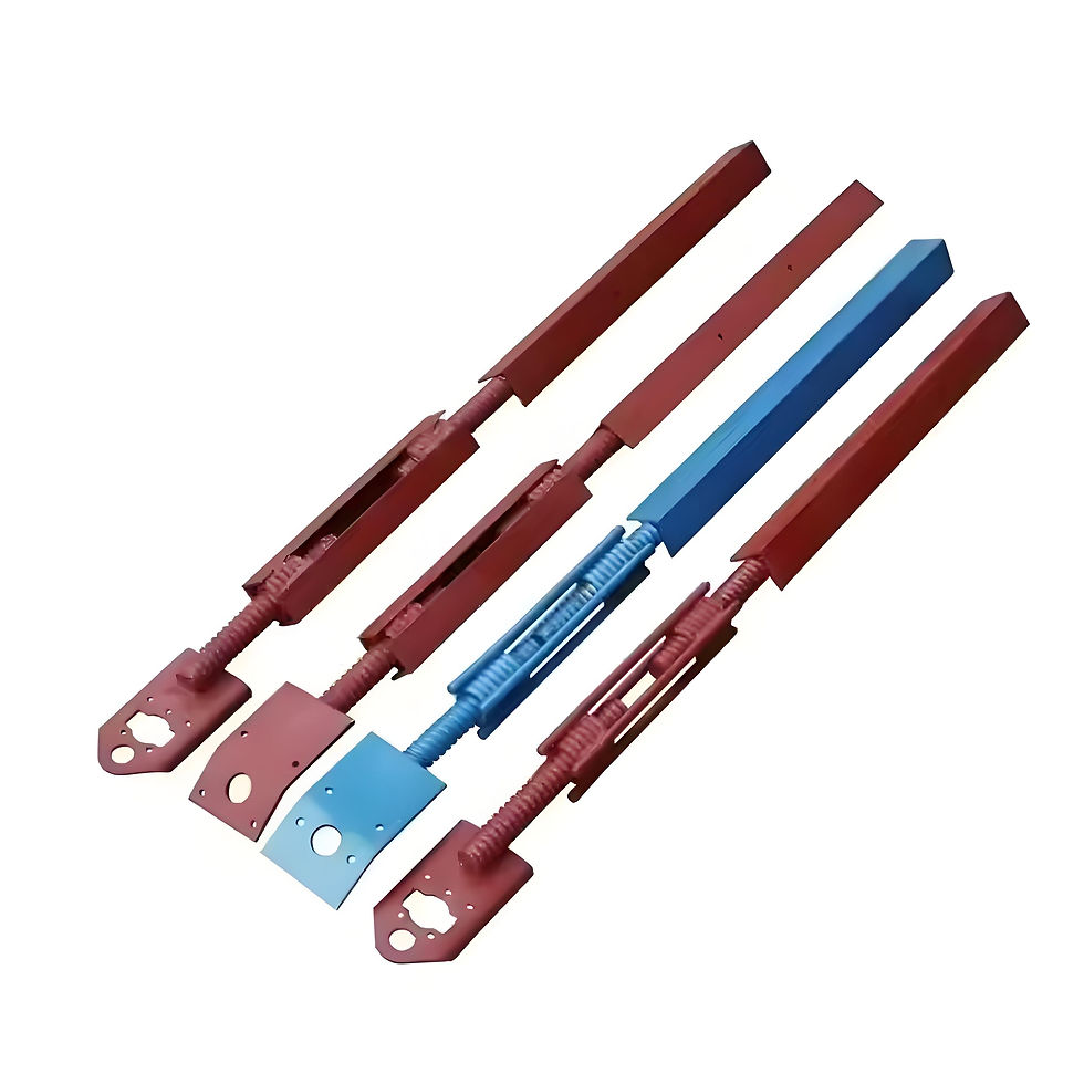 Three red and one blue long metal strips, flat hole + coil spring, SHOPPING TAPES mark, close-up of the multi-directional con