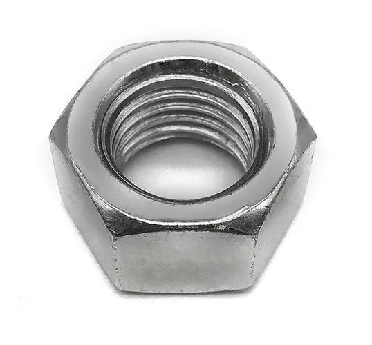 Silver hexagonal nut with internal threads close-up