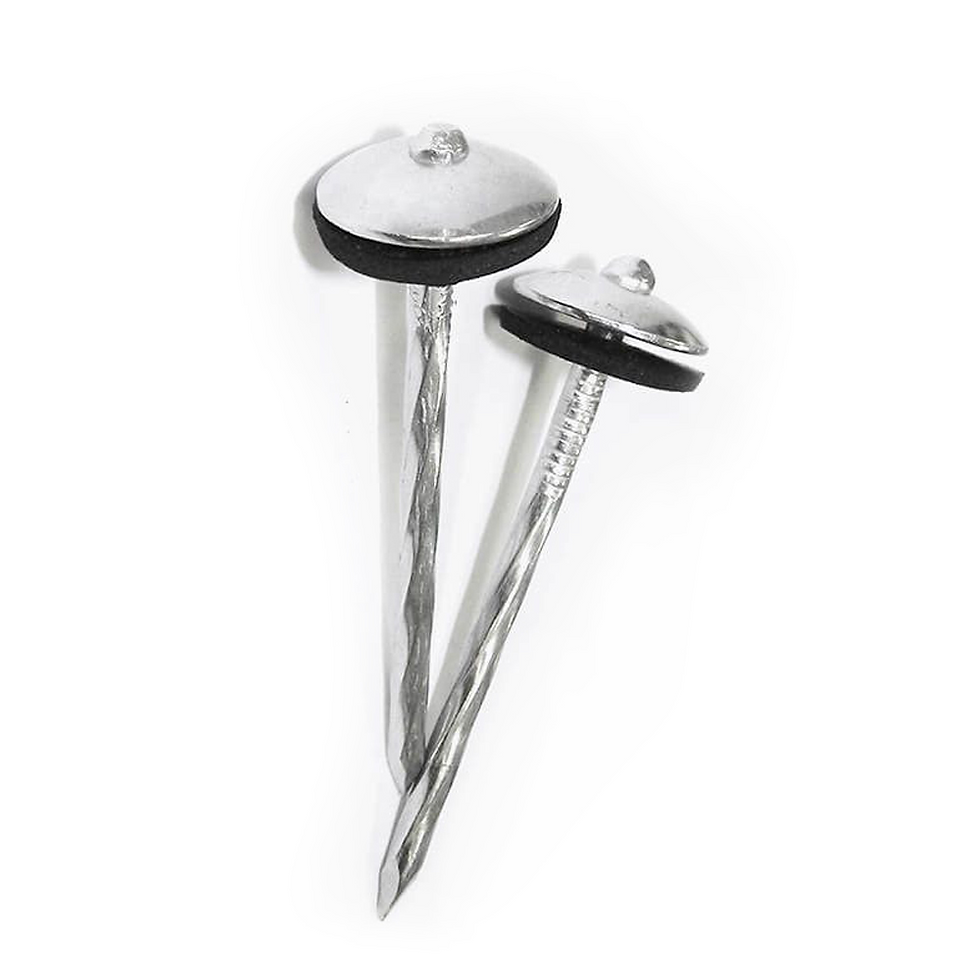 Two silver nails with black rubber rings and threads