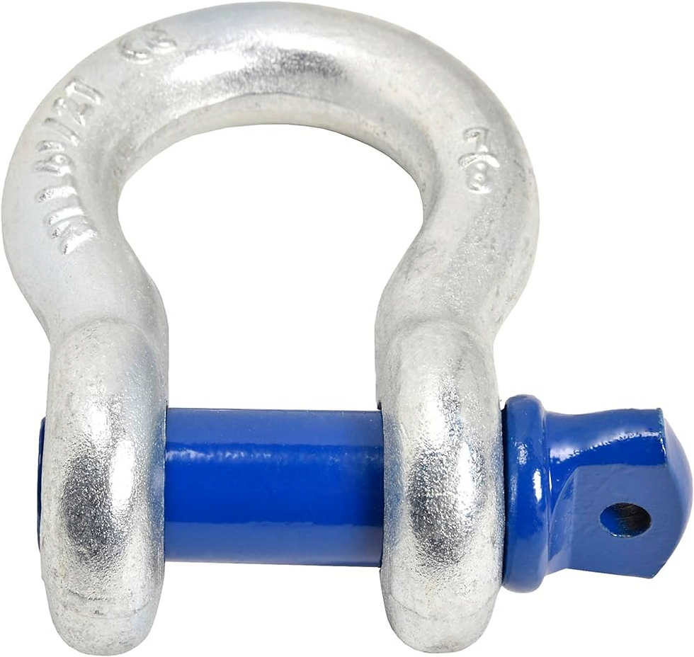 Close-up of a galvanized bow shackle with blue bolts showing the WLL marking, emphasizing its high strength and reliability.