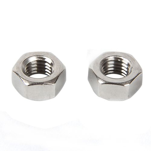 Two silver hexagonal nuts parallel display