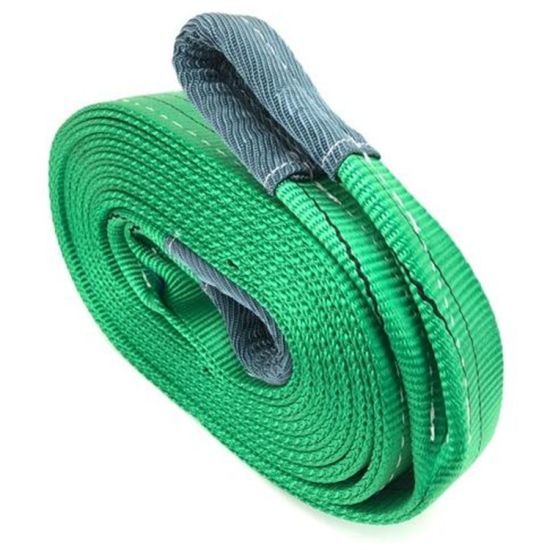 High-strength green flat lifting belt | RAL 6018 color | Double grey ring end design | Industrial-grade stitching reinforced