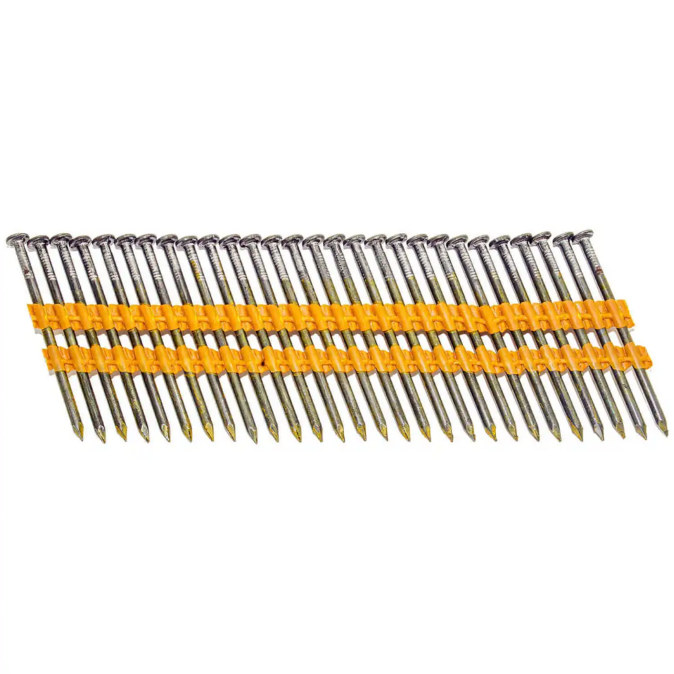 Golden coil nails stacked with white strap