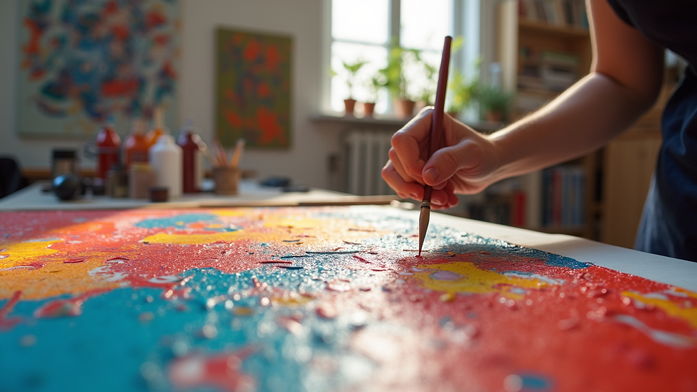 Eye-level view of a colorful abstract painting in progress