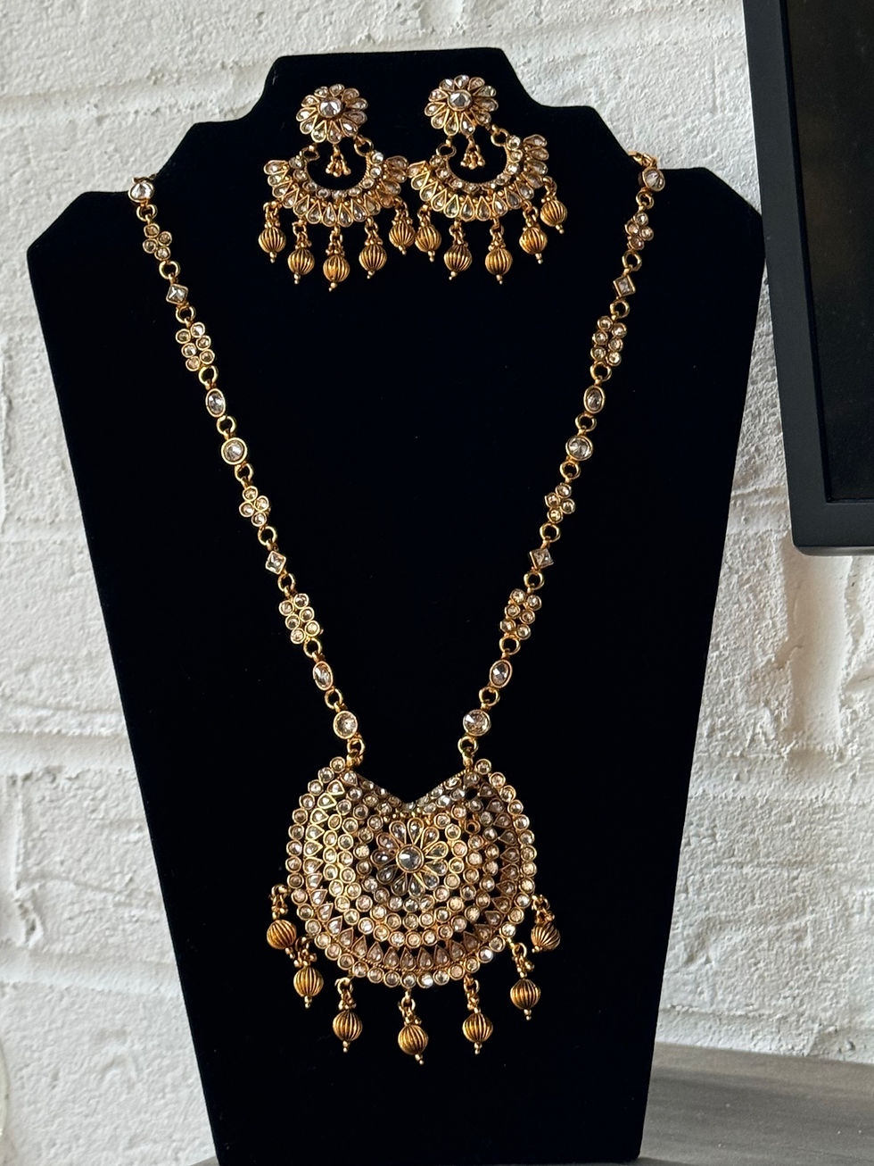 Thumbnail: Antique finish polki long necklace set - white stones