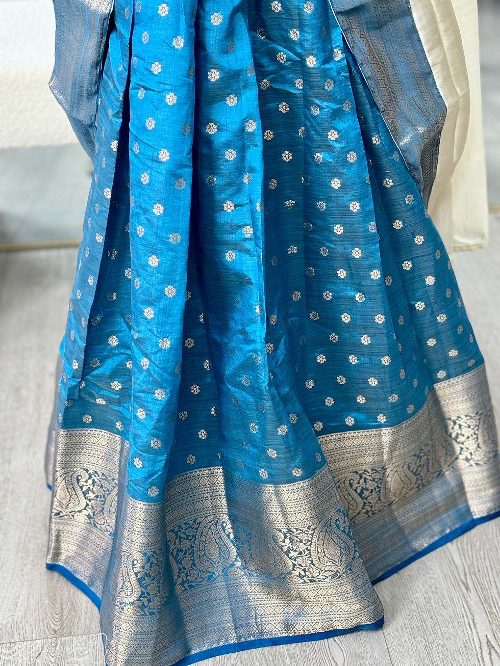 Thumbnail: Size 34 -  Blue chanderi silk dhavani set white pearlescent  georgette dhavani 