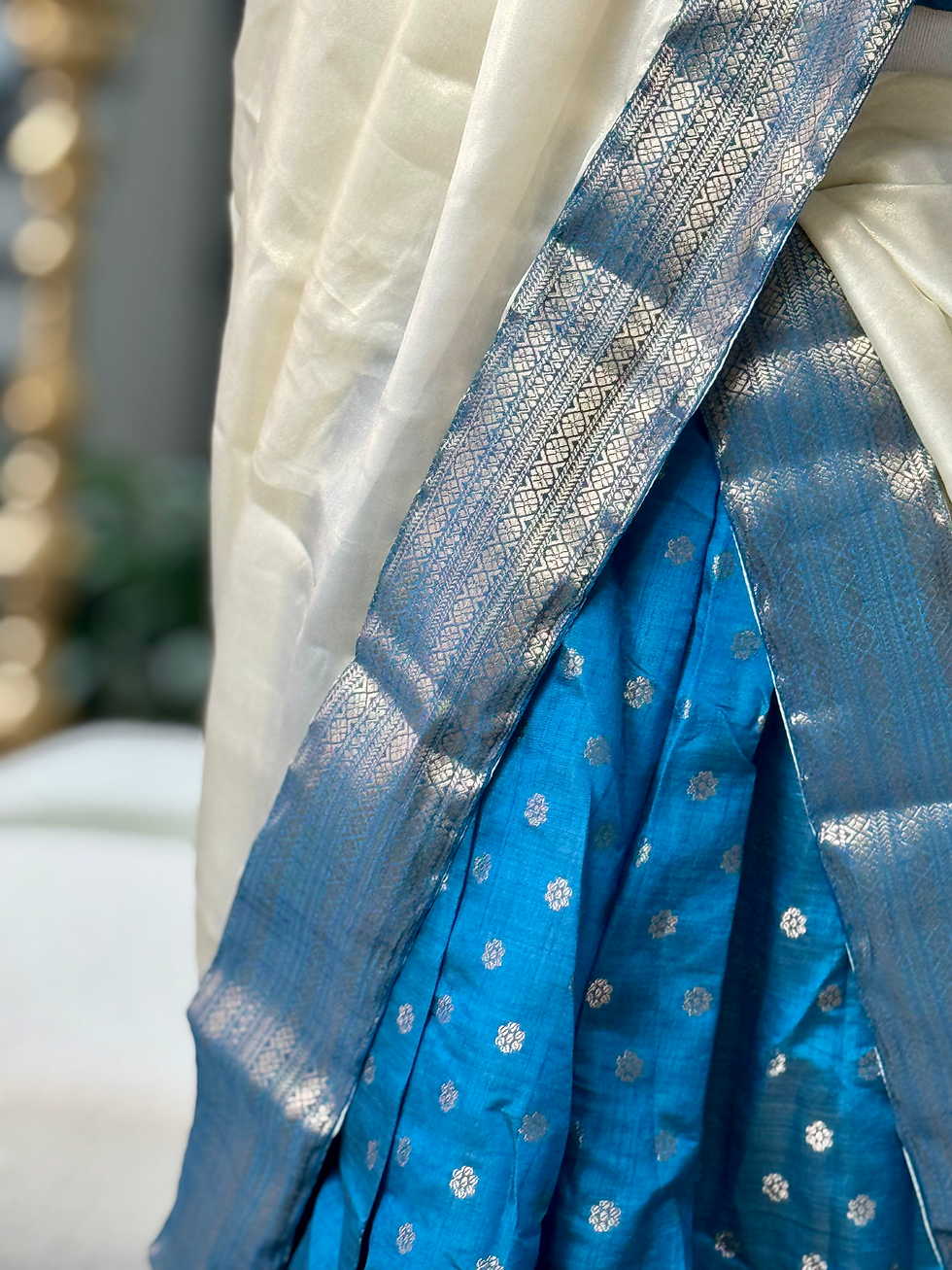 Thumbnail: Size 34 -  Blue chanderi silk dhavani set white pearlescent  georgette dhavani 