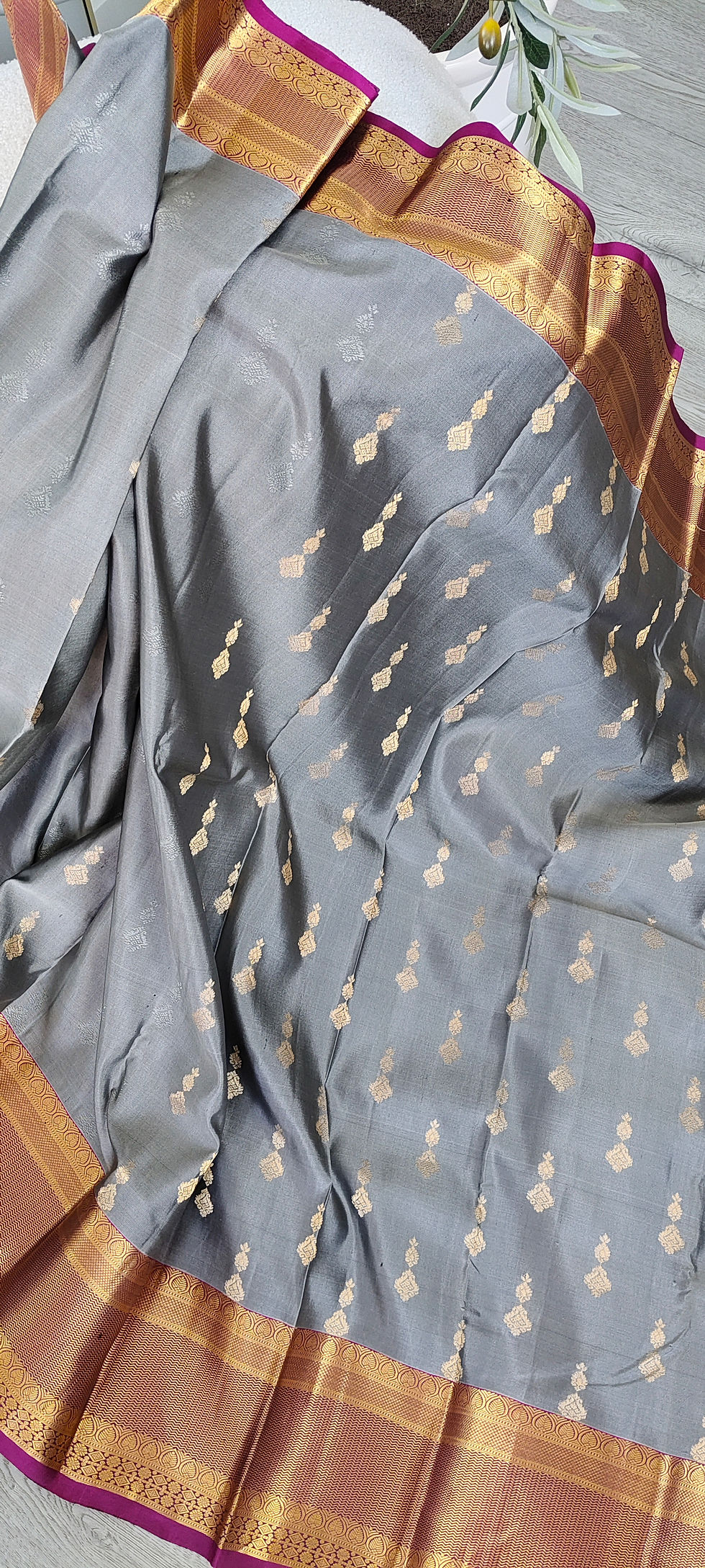 Thumbnail: Handloom pure kanjeevaram silk saree with silk mark - gray and dark magenta pink