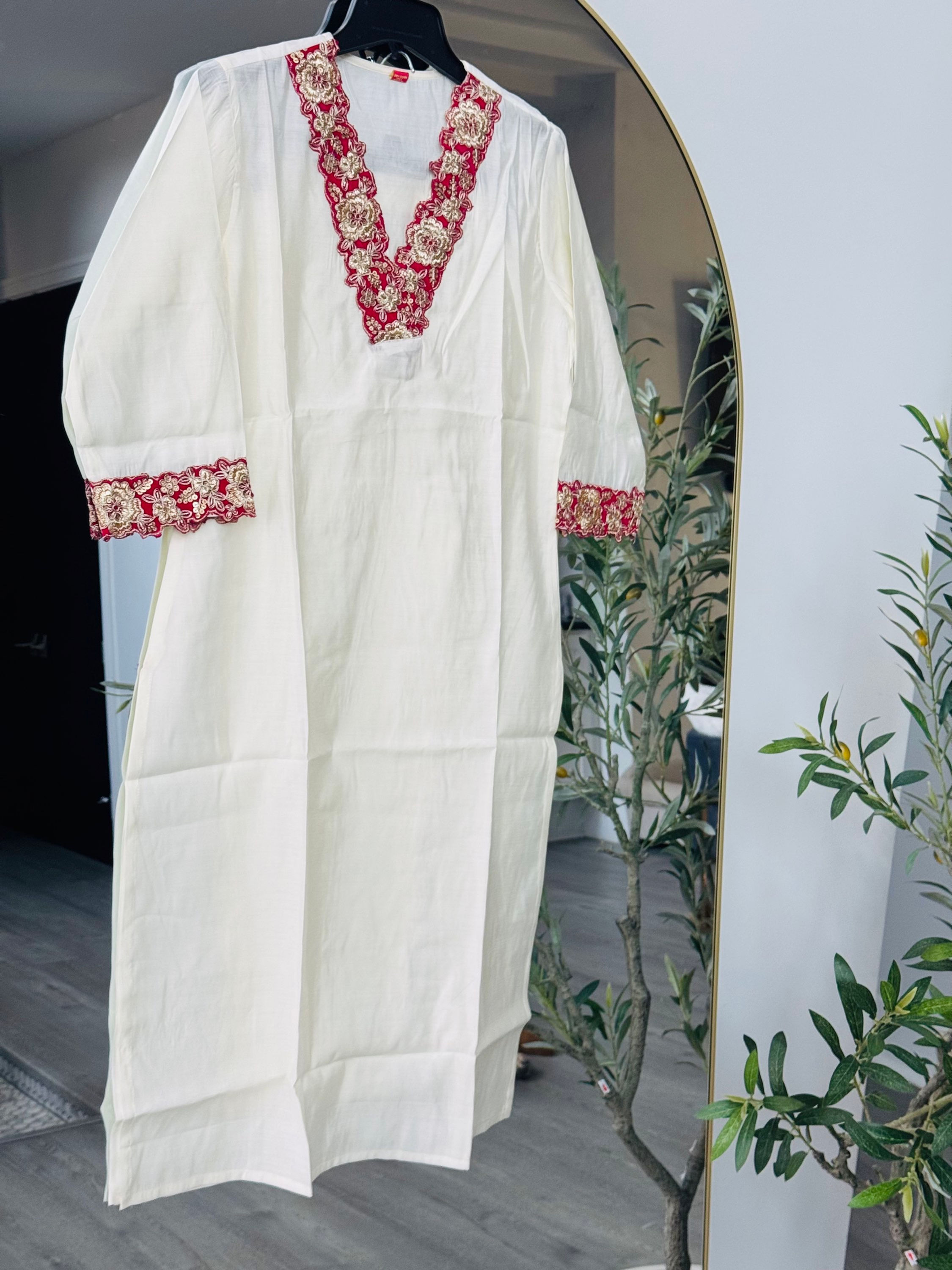Half white and pink zardosi work kurti set in silk