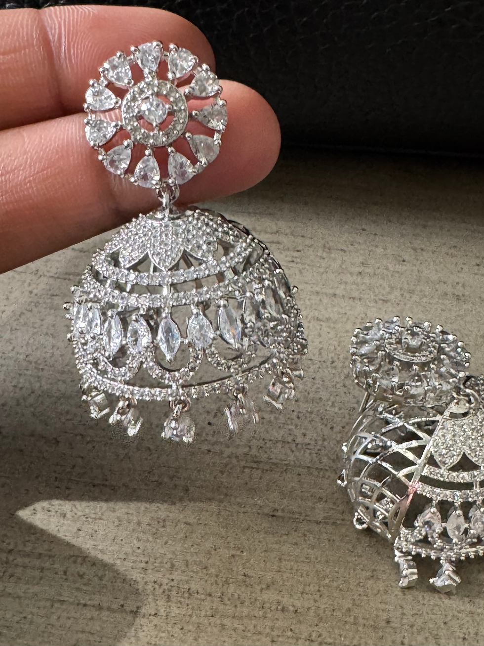 Thumbnail: Kudai jhumki - White cz stone jhumki - rhodium plated 