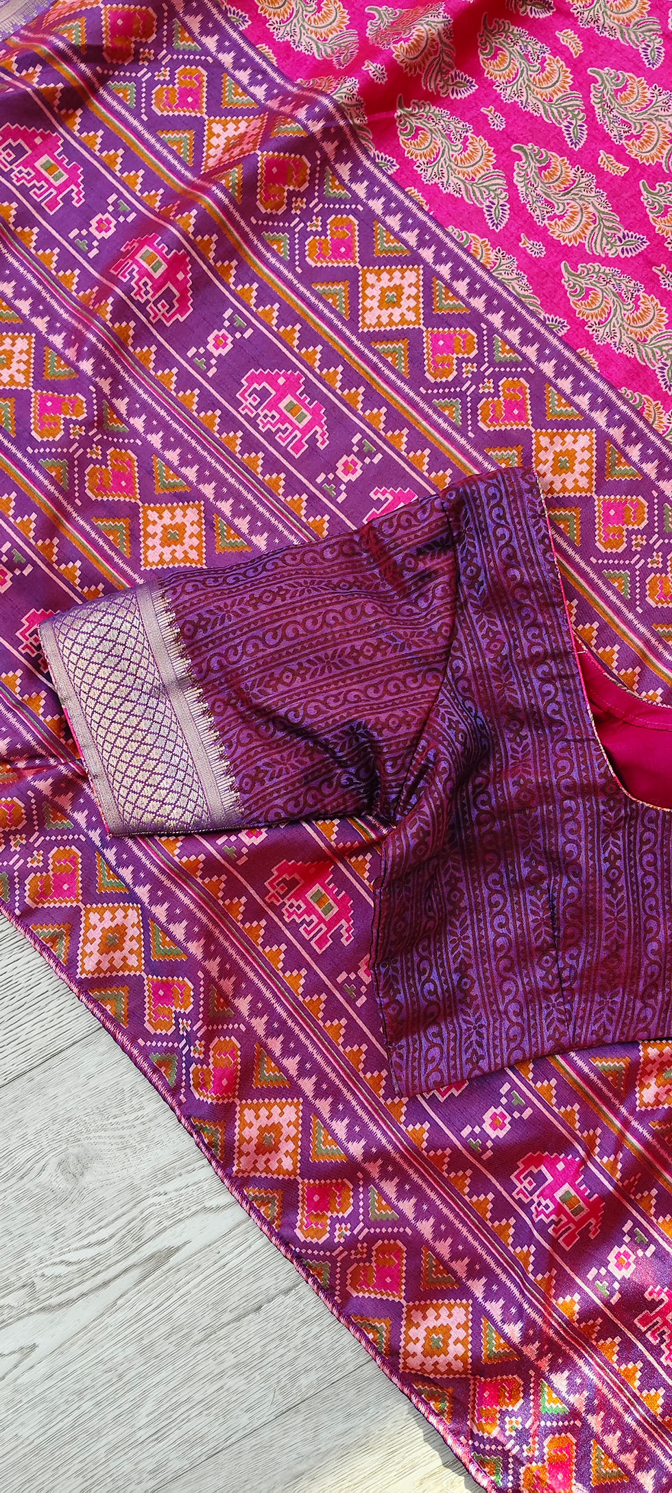 Thumbnail: Pink floral dola silk saree with stitched blouse