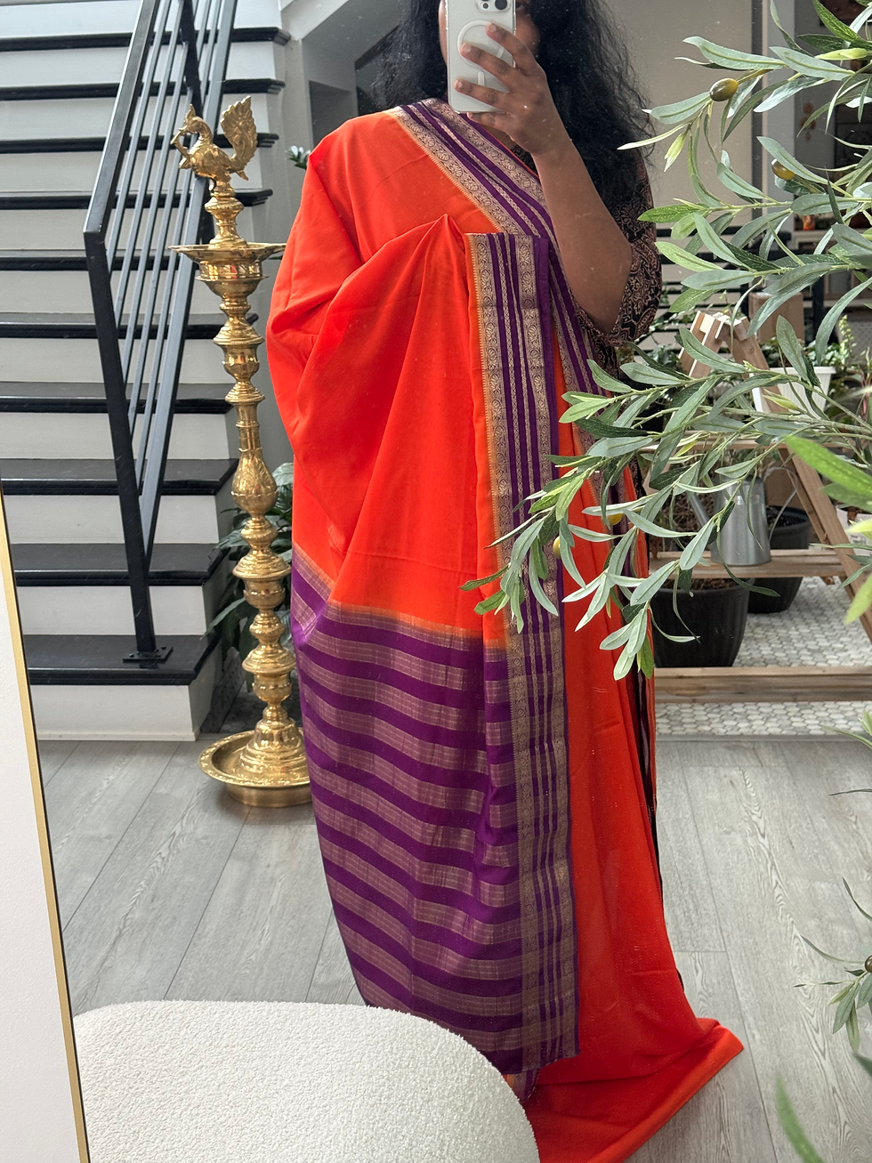 Thumbnail: Semi crepe silk saree with stitched blouse - orange and violet