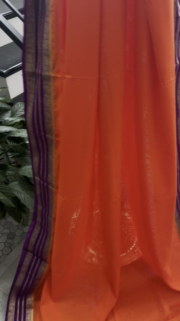 Thumbnail: Semi crepe silk saree with stitched blouse - orange and violet