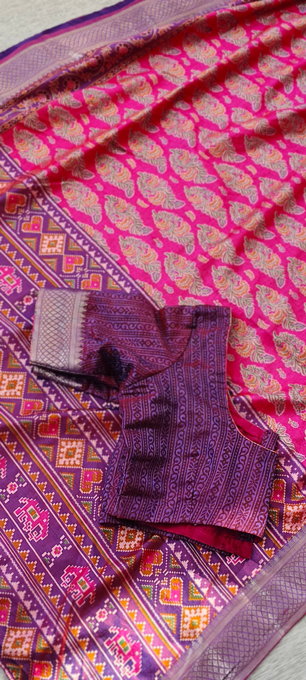 Thumbnail: Pink floral dola silk saree with stitched blouse