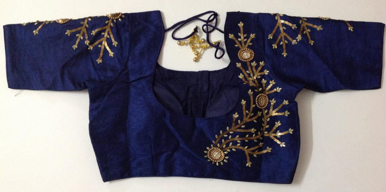 Navy Blue Embroidery Aari Work Raw Silk Blouse