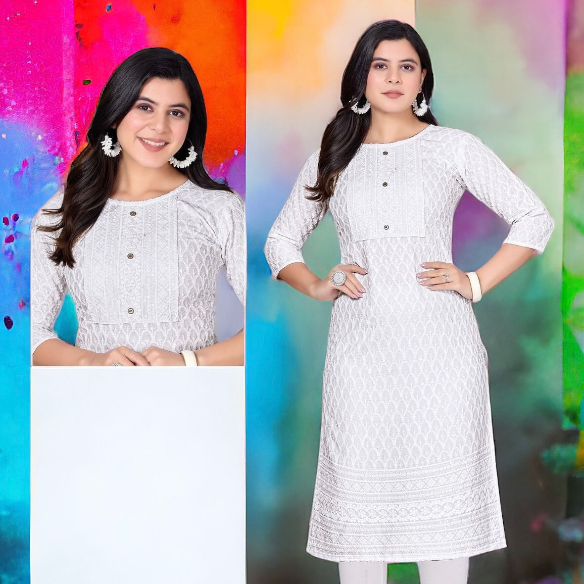 White chikan rayon kurti - design 3