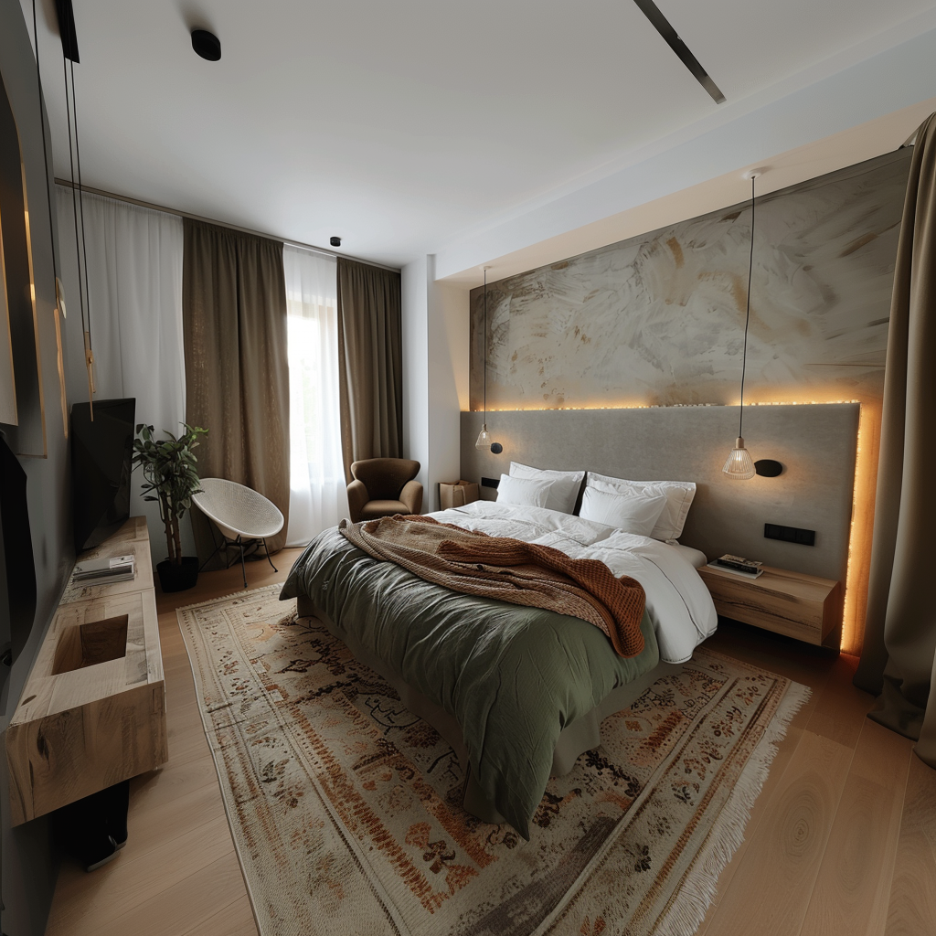 Luxury Modern Bedroom Design
Cozy Bedroom with Ambient Lighting
Contemporary Bedroom with Rustic Elements
Stylish Bedroom Interior with Natural Tones