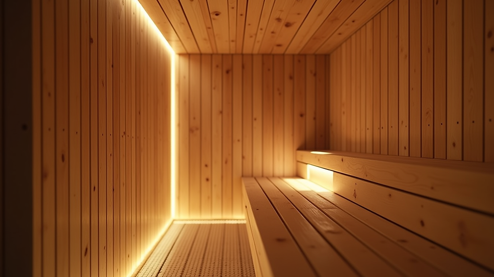 Close-up view of a wooden sauna interior with soft lighting