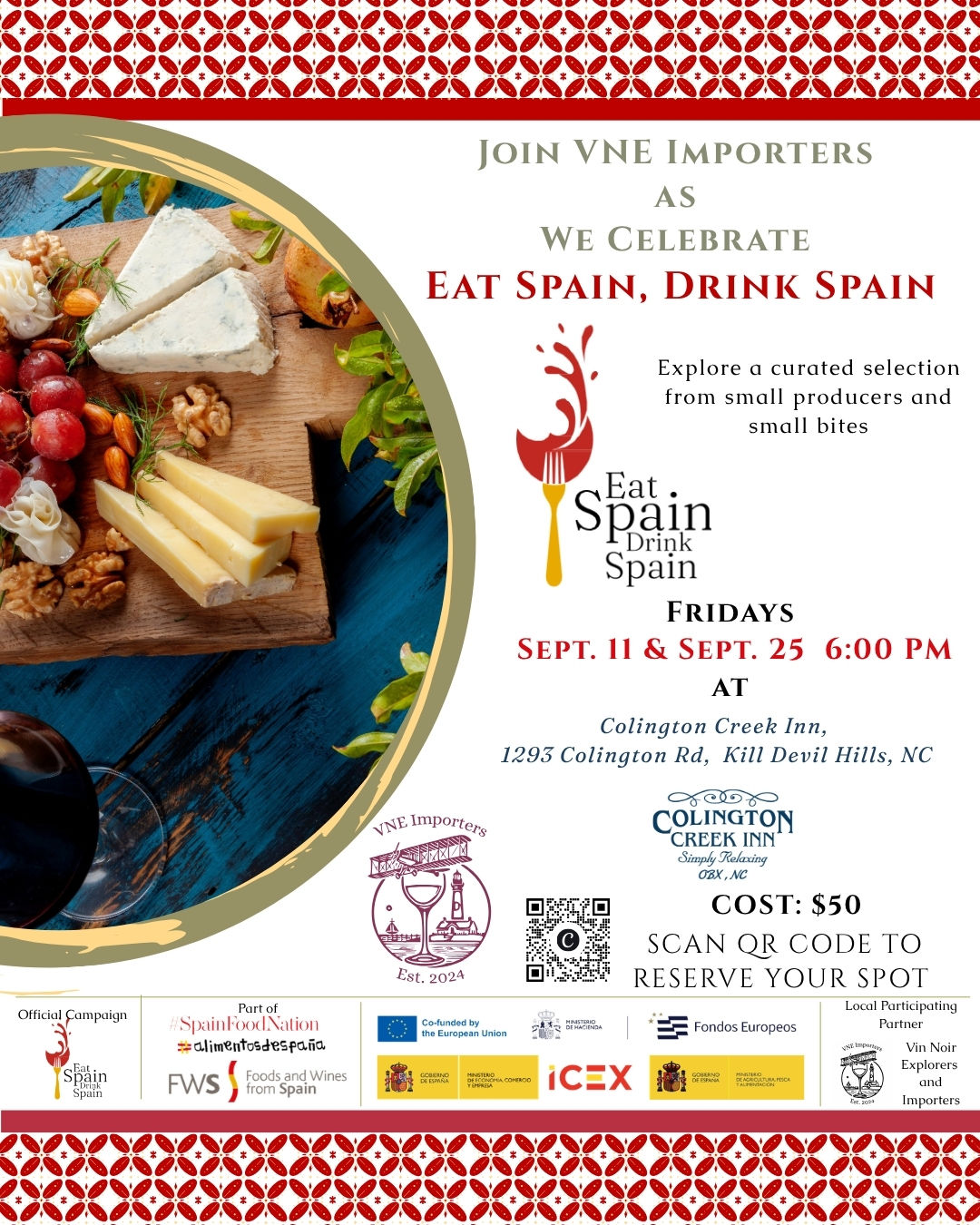 VNE Importers "Eat Spain, Drink Spain 2026" Colington Creek Inn Event Flyer