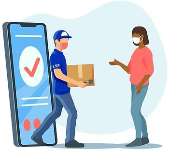 Delivery worker in LSP uniform returning a repaired device to a customer.