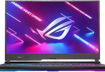 Laptop with a glowing screen displaying the ROG logo.