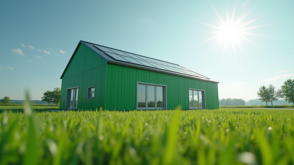 Eye-level view of a modern green building with solar panels