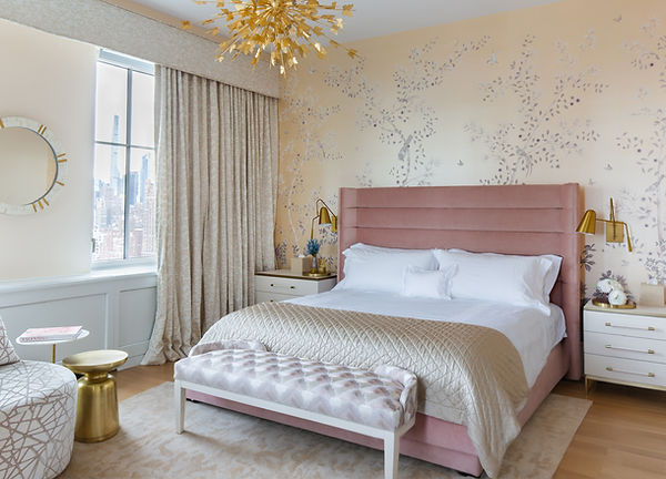 Luxury New York City bedroom design featuring Fromental chinoiserie feature wall, a custom blush velvet bed, and statement Julie Neill Farfalle chandelier.