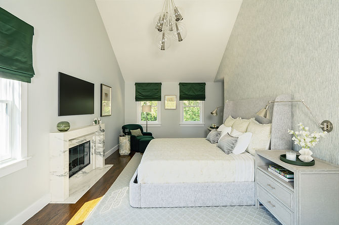 Southampton NY interior designer primary bedroom design in sages and greys