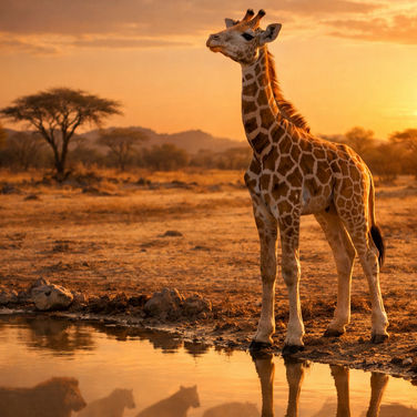 Eine kleine Giraffe am Wasserloch in der Savanne mit Löwen im Hintergrund