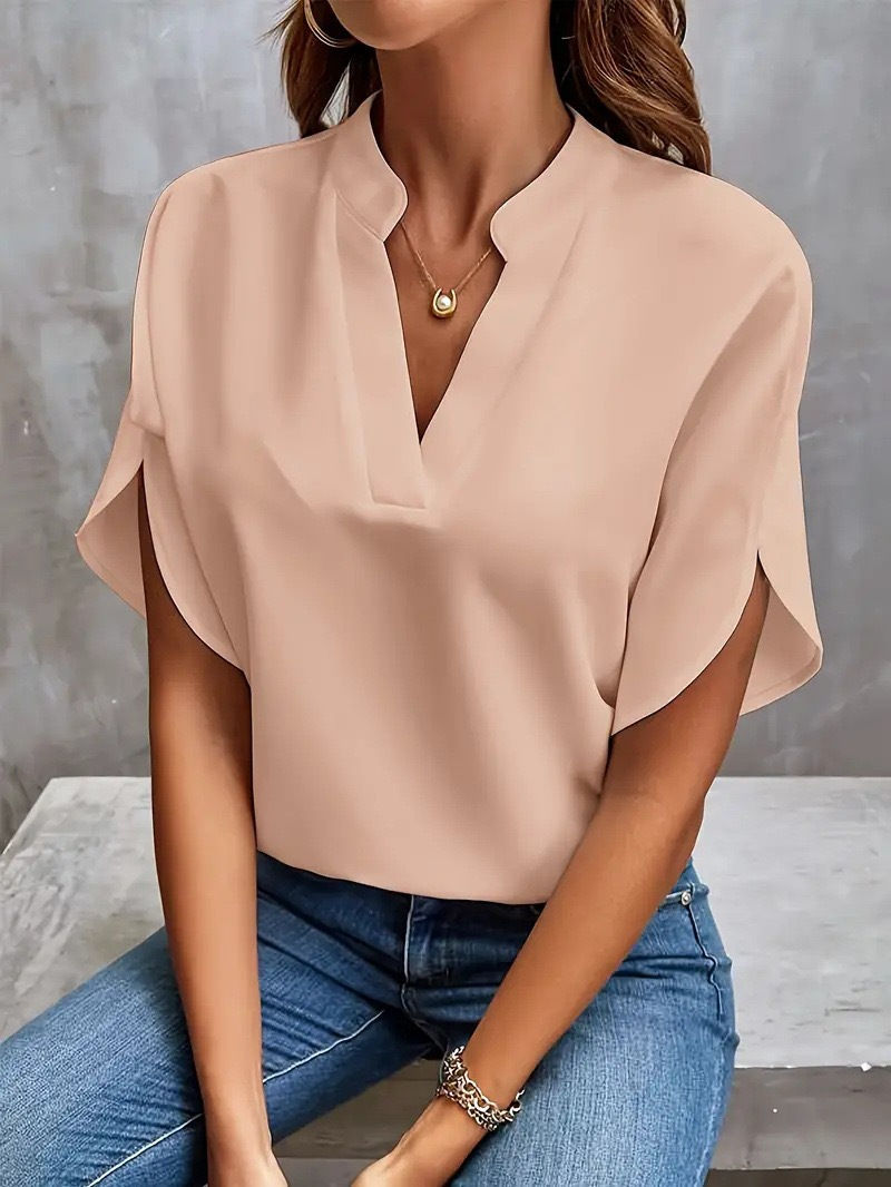 Thumbnail: VEITCHE Summer Women Casual Solid Blouse Women Fashion V-neck Half Sleeve Shirts