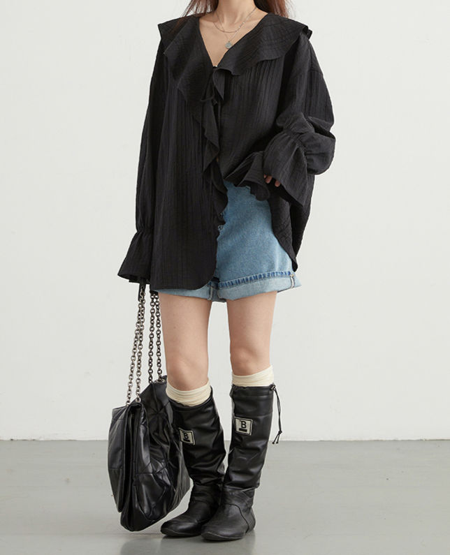 Thumbnail: CHIC VEN Women Shirt Loose Casual Ruffled Edges Female Blouses V Neck Lace Up Mi