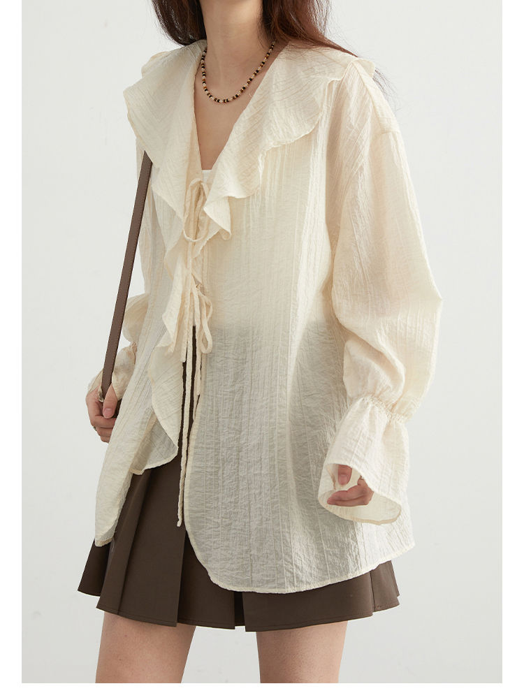 Thumbnail: CHIC VEN Women Shirt Loose Casual Ruffled Edges Female Blouses V Neck Lace Up Mi