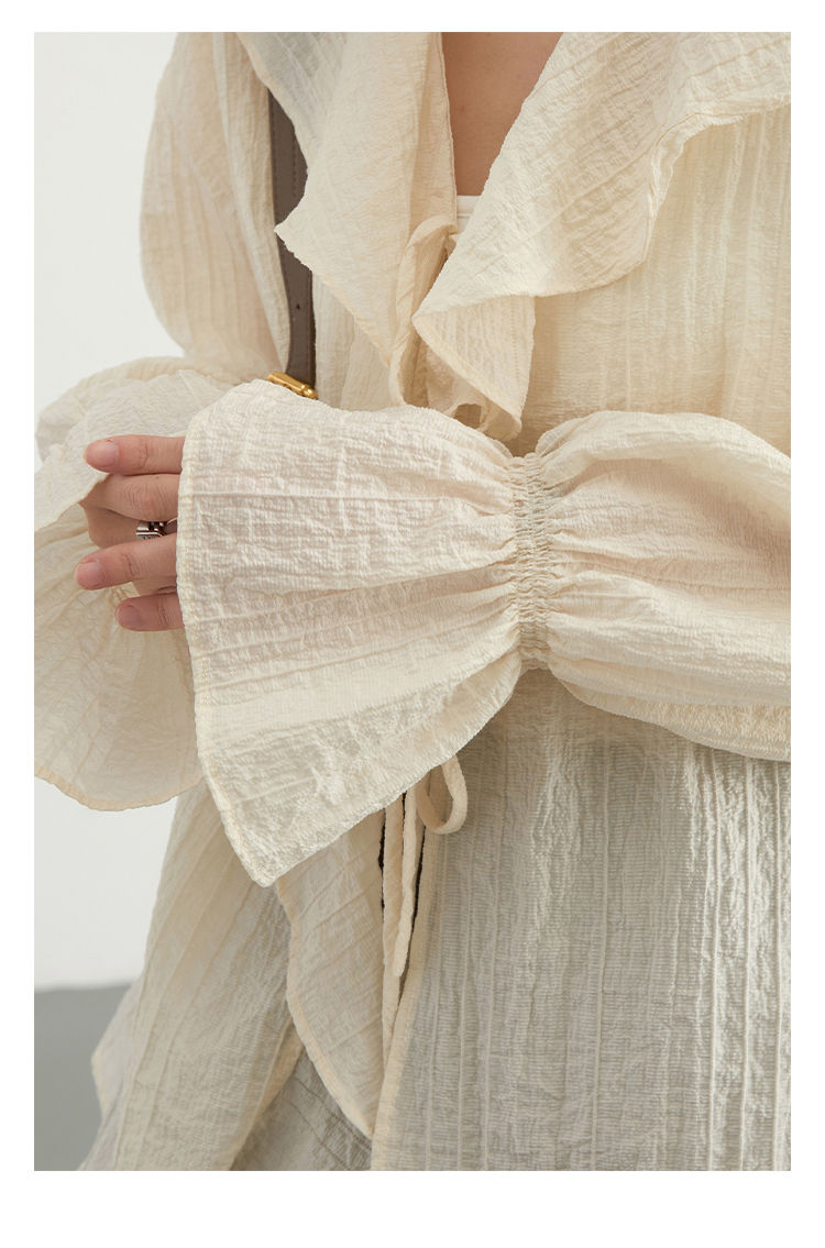 Thumbnail: CHIC VEN Women Shirt Loose Casual Ruffled Edges Female Blouses V Neck Lace Up Mi