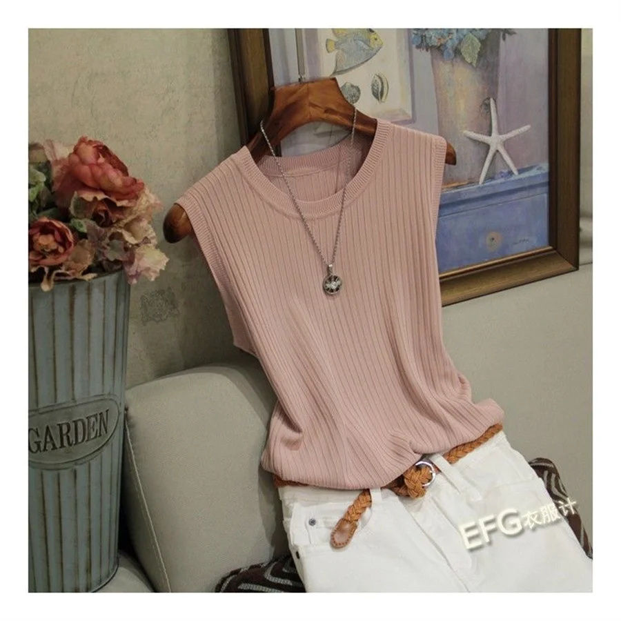 Thumbnail: Summer Sleeveless Blouse Women O-neck Knitted Blouse Shirt Women Clothes Women T