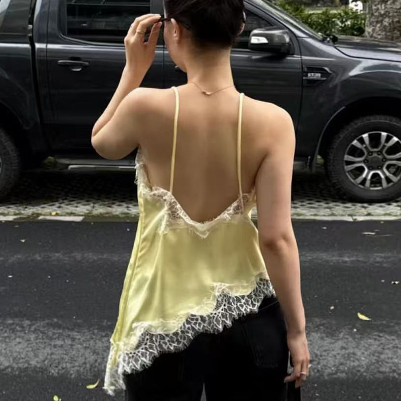 Thumbnail: Asymmetrical Slip Lace Top Women Sexy Tanks & Blouse Satin Off Shoulder