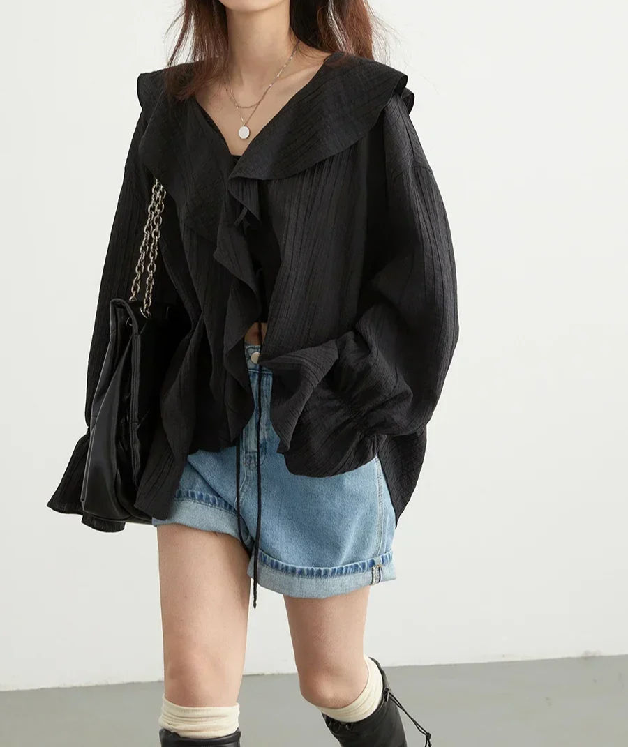 Thumbnail: CHIC VEN Women Shirt Loose Casual Ruffled Edges Female Blouses V Neck Lace Up Mi