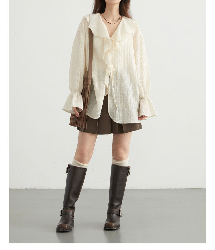 Thumbnail: CHIC VEN Women Shirt Loose Casual Ruffled Edges Female Blouses V Neck Lace Up Mi