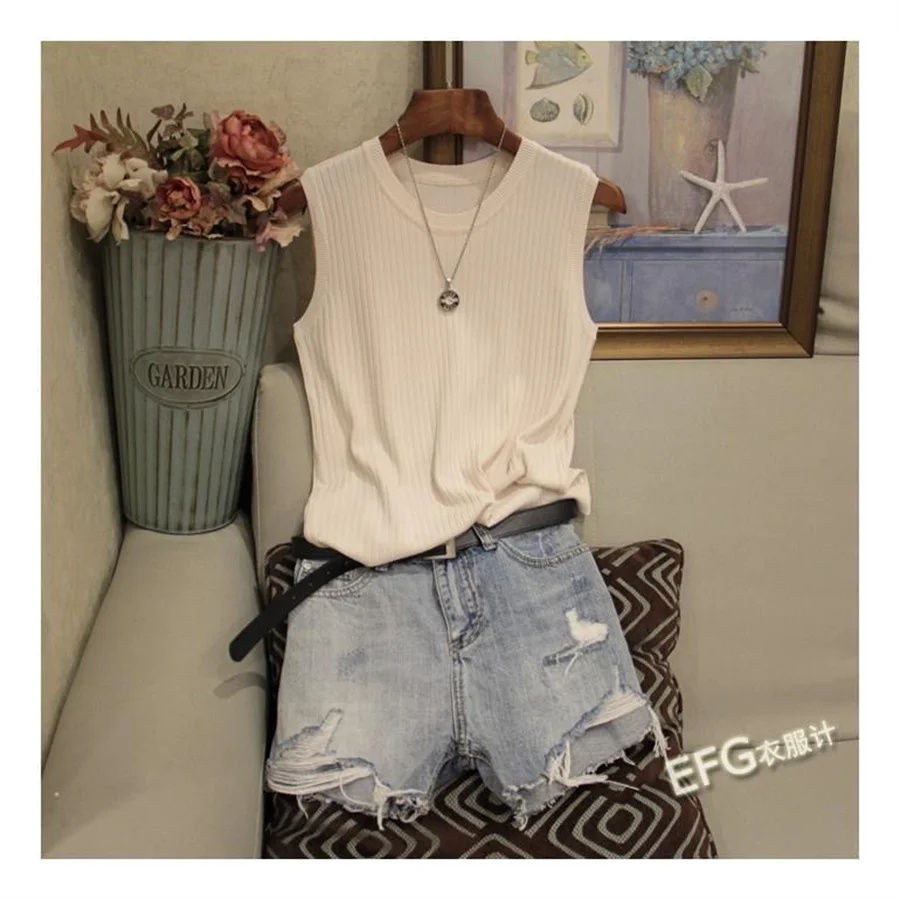 Thumbnail: Summer Sleeveless Blouse Women O-neck Knitted Blouse Shirt Women Clothes Women T