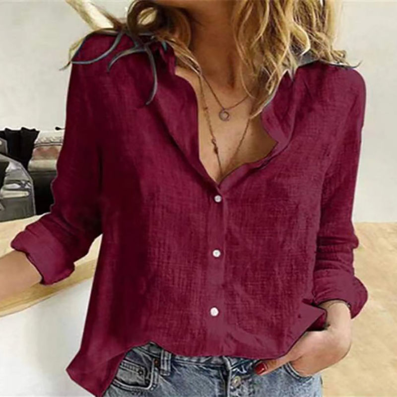 Thumbnail: Elegant Cotton Linen Shirts Women Casual Solid Button Lapel Blouses Shirts Autum