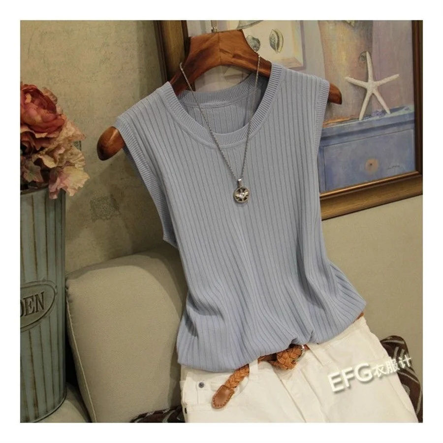 Thumbnail: Summer Sleeveless Blouse Women O-neck Knitted Blouse Shirt Women Clothes Women T
