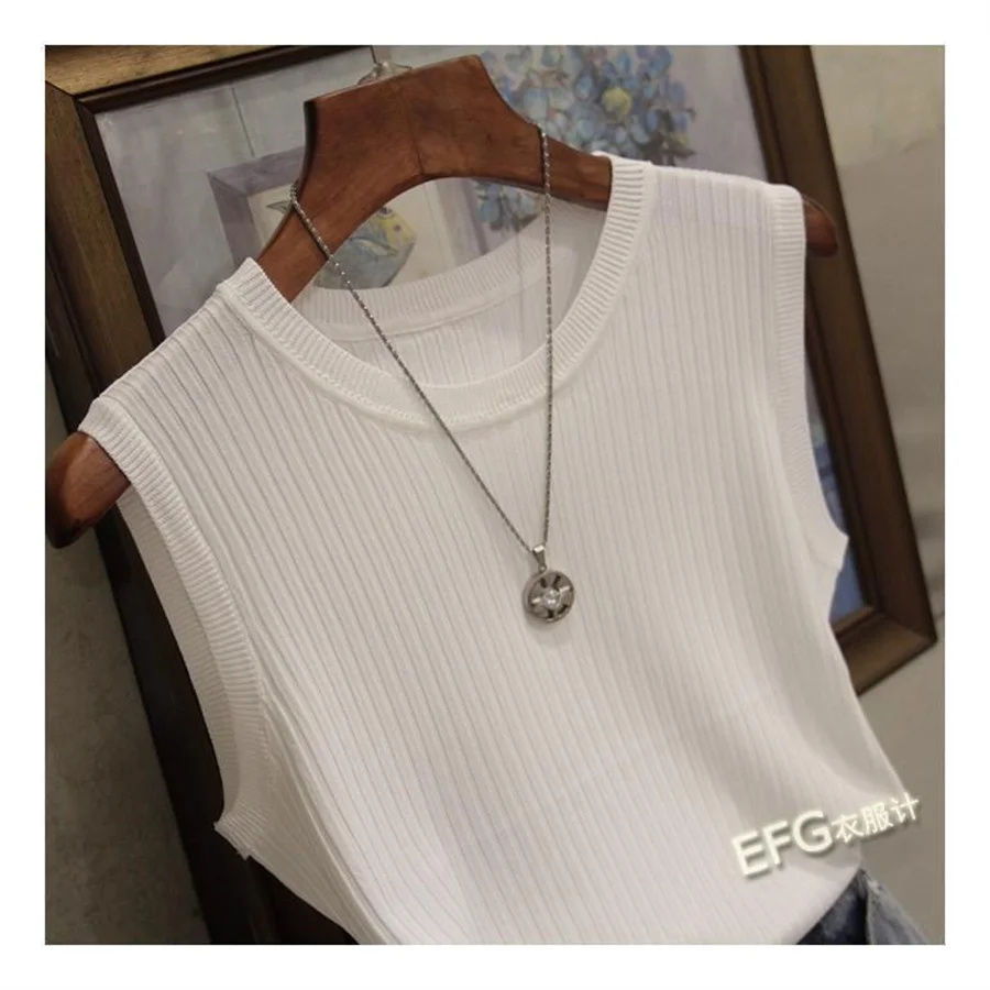 Thumbnail: Summer Sleeveless Blouse Women O-neck Knitted Blouse Shirt Women Clothes Women T