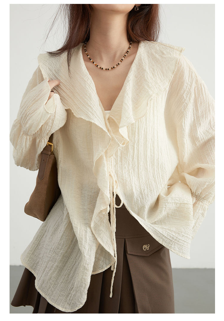Thumbnail: CHIC VEN Women Shirt Loose Casual Ruffled Edges Female Blouses V Neck Lace Up Mi