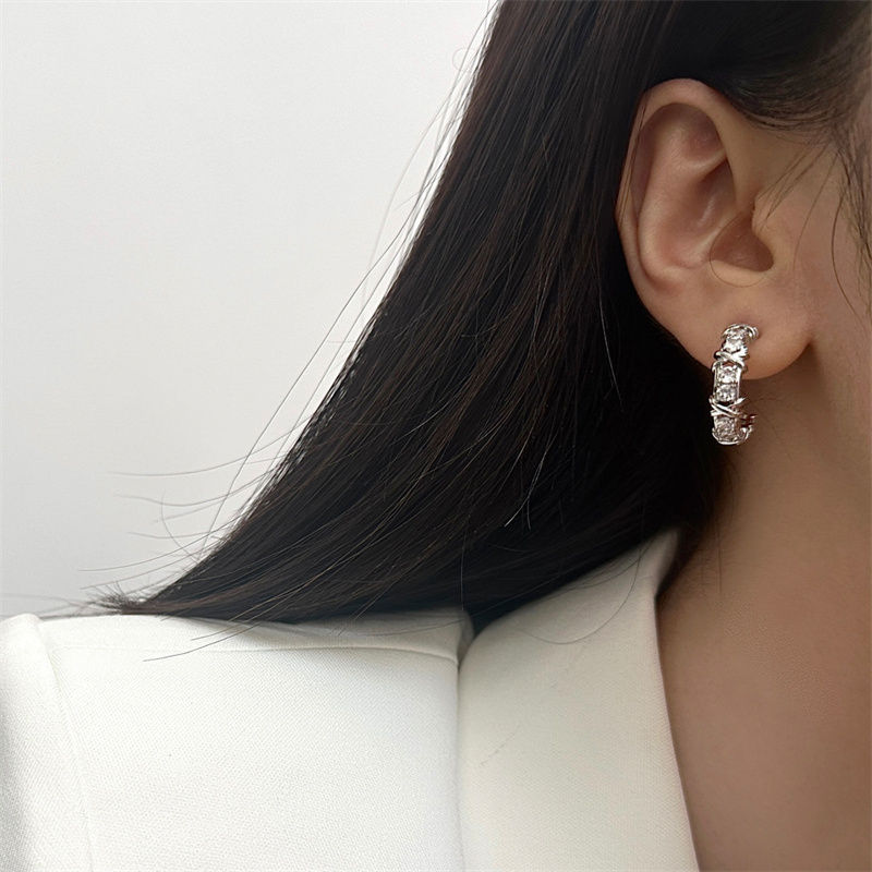 Thumbnail: High Quality Inlaid Zircon X-Shape Cross C-shaped Earrings For Women Fashion Jew