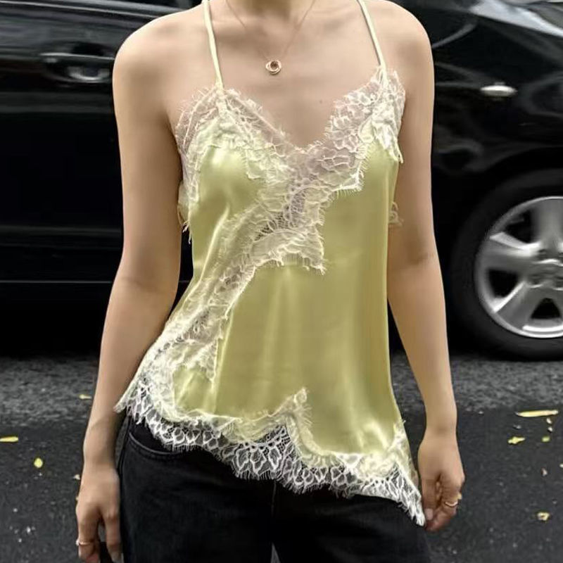 Thumbnail: Asymmetrical Slip Lace Top Women Sexy Tanks & Blouse Satin Off Shoulder