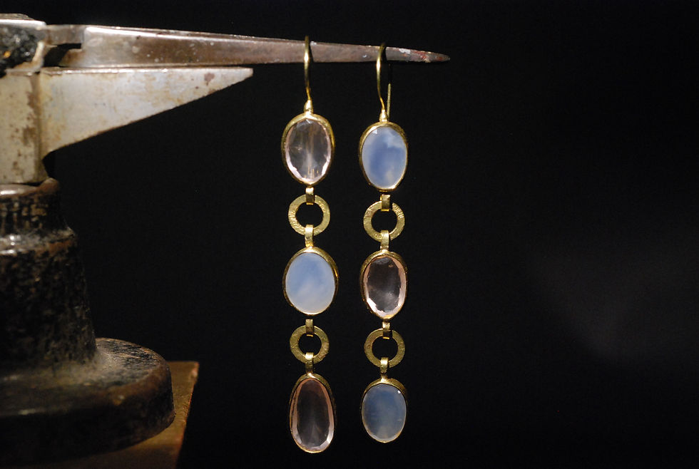 Miniatura: Orecchini in Oro con Quarzo Rosa e Calcedonio